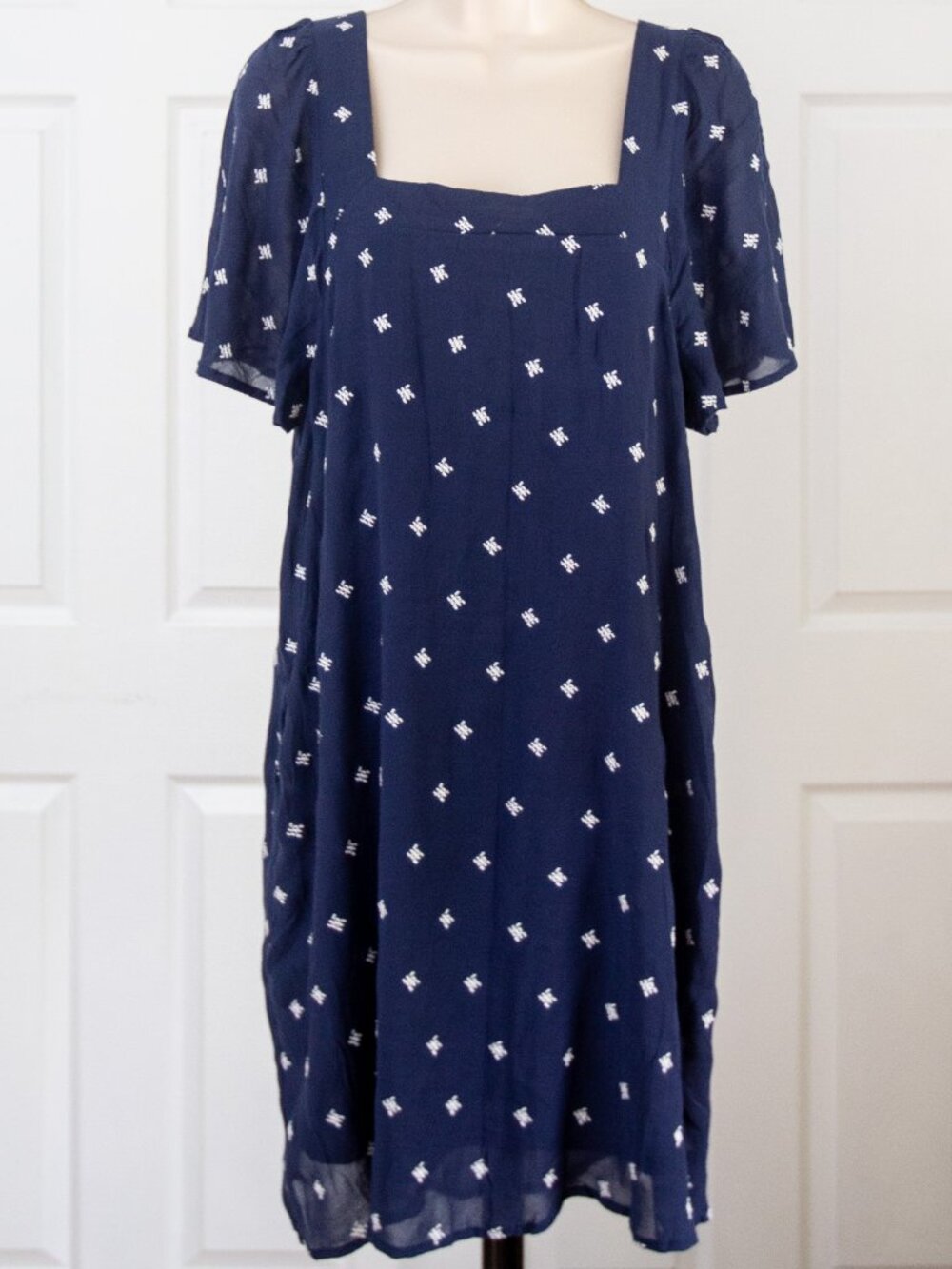Navy Square-Neck Mini Dress with White Dot Pattern